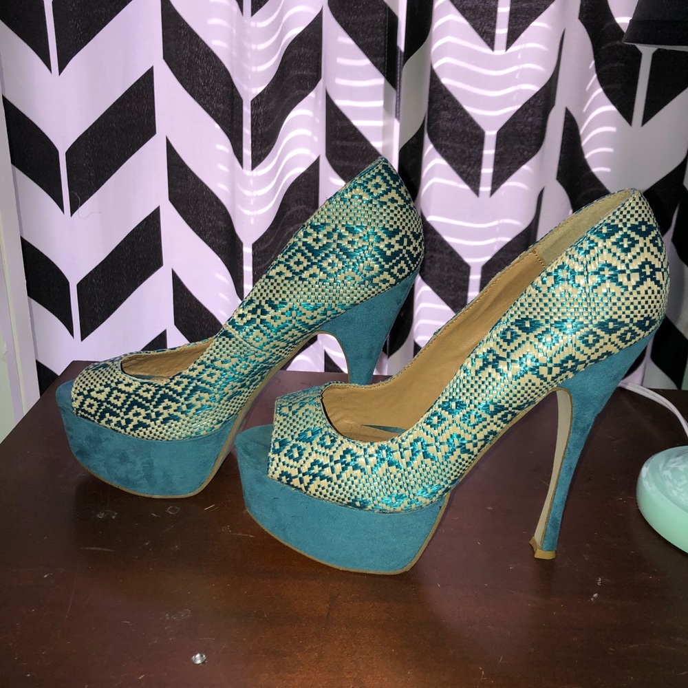 Blue and nude/tan heels